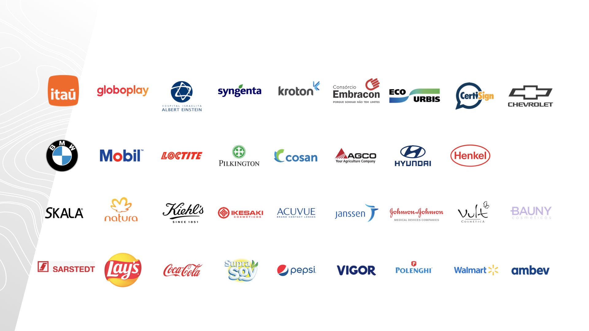 Logos de clientes da Abajour Filmes: Itaú, Globoplay, Albert Einstein, Syngenta, Kroton, Embracon, Eco Urbis, CertiSign, Chevrolet, BMW, Mobil, Loctite, Pilkington, Cosan, AGCO, Hyundai, Henkel, Skala, Natura, Kiehl's, Ikesaki, Acuvue, Janssen, Johnson & Johnson, Vult, Bauny, Sarstedt, Lay's, Coca-Cola, Supra Soy, Pepsi, Vigor, Polenghi, Walmart, Ambev