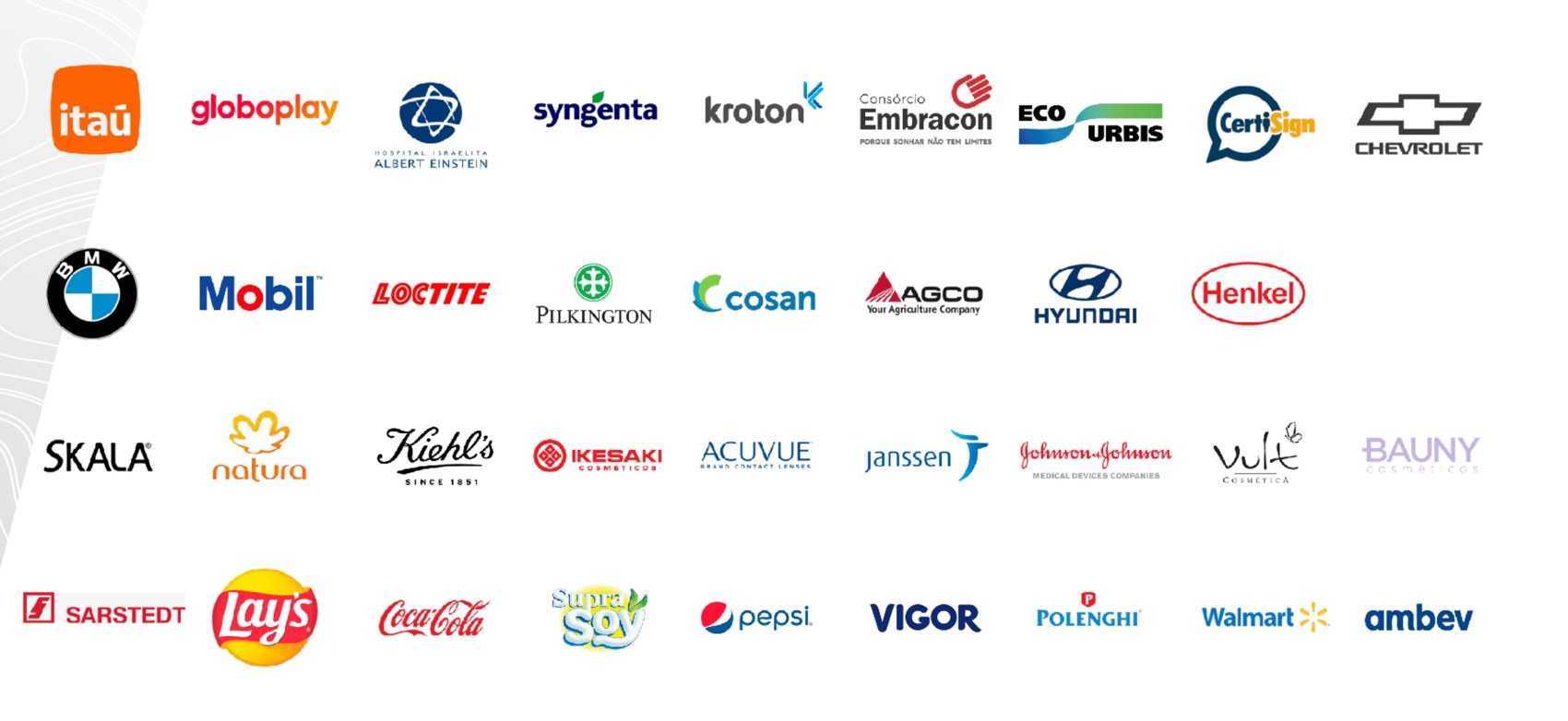 Logos de clientes da Abajour Filmes: Itaú, Globoplay, Albert Einstein, Syngenta, Kroton, Embracon, Eco Urbis, CertiSign, Chevrolet, BMW, Mobil, Loctite, Pilkington, Cosan, AGCO, Hyundai, Henkel, Skala, Natura, Kiehl's, Ikesaki, Acuvue, Janssen, Johnson & Johnson, Vult, Bauny, Sarstedt, Lay's, Coca-Cola, Supra Soy, Pepsi, Vigor, Polenghi, Walmart, Ambev