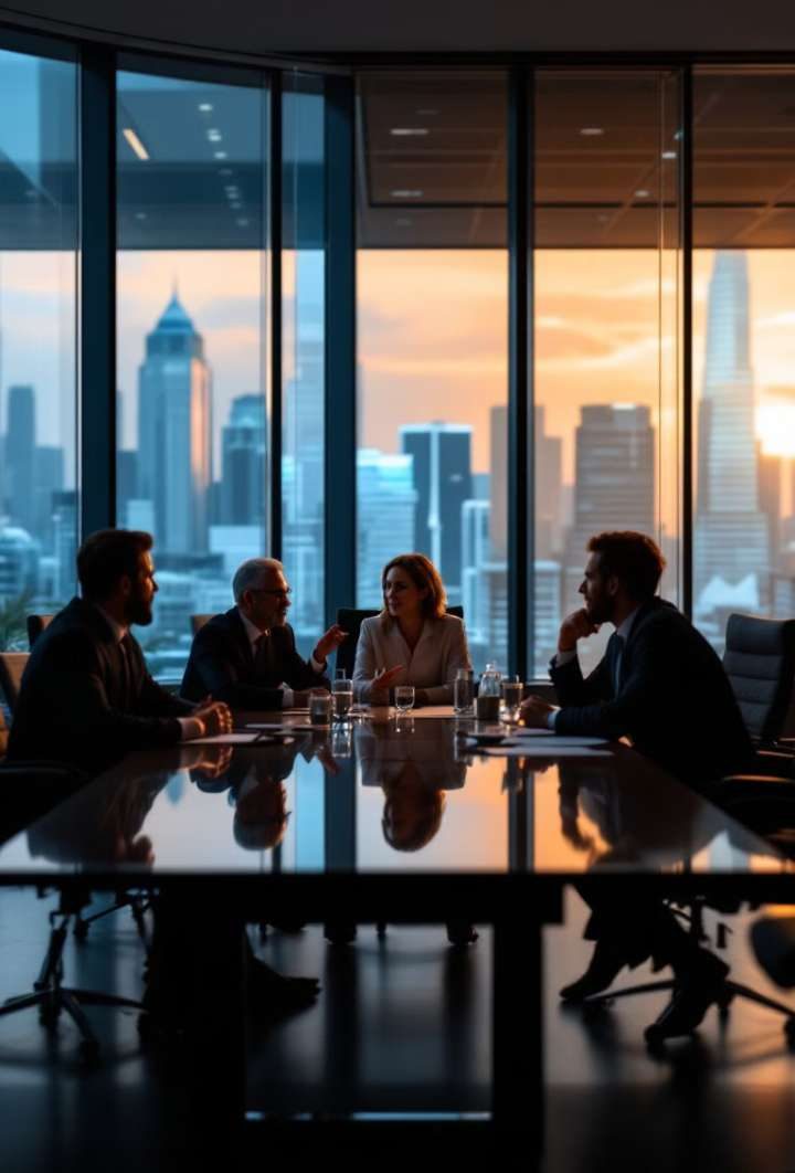 Mesa-redonda de executivos ao entardecer