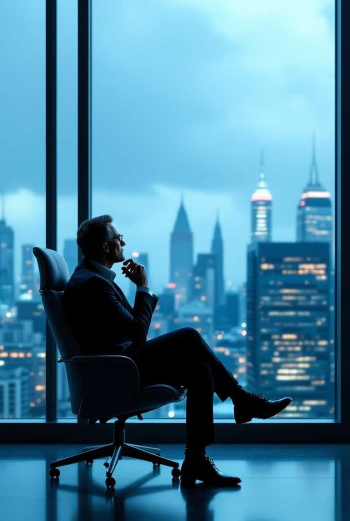 Executivo em silhueta diante do skyline corporativo