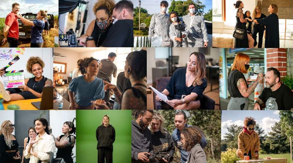 Colagem de fotos de bastidores de filmagens da Abajour